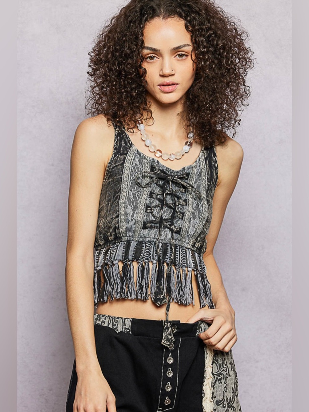 POL Lace-Up Fringe Hem Tank with Lace Detail Boho Cotton Top Black🛍️